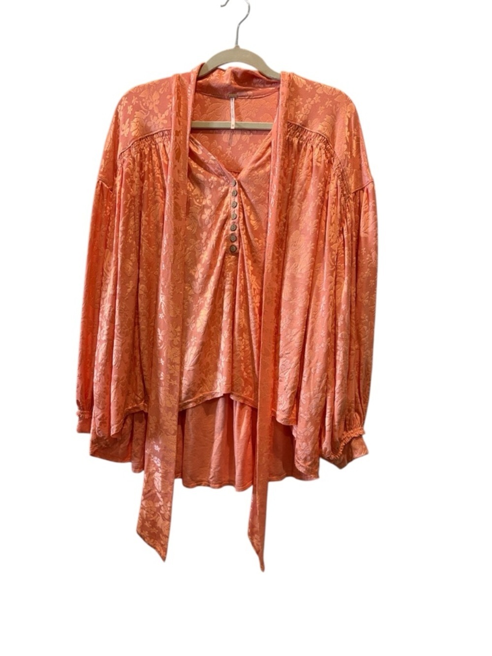 Free People Coral Oversized Flowy Floral Neck Tie Blouse XS Boho Festival